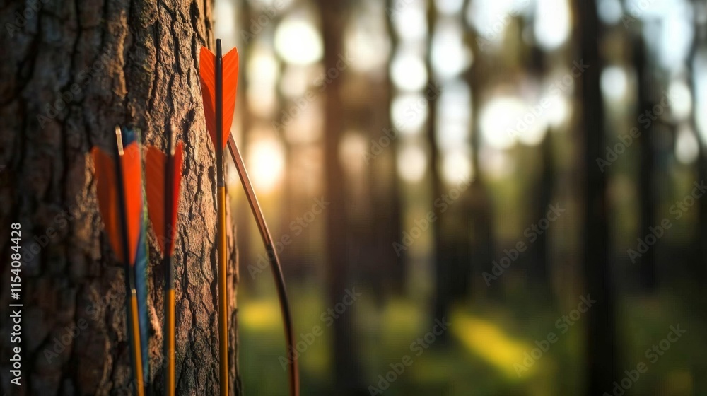 Poster an adventurous archery session in a dense forest clearing, bows and arrows set up for precision shoo