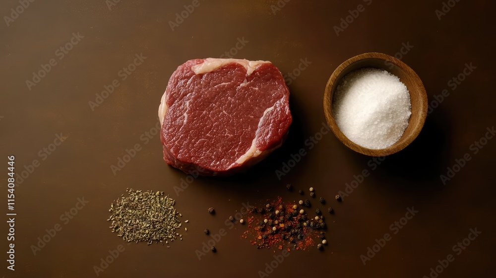 Poster beef steak fillet with a variety of spices and salt on a wooden table showcasing a top view and ampl