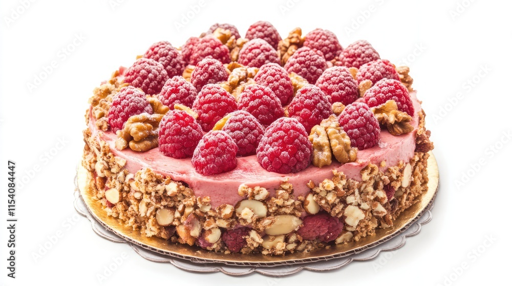 Poster raspberry cheesecake adorned with nuts displayed on a clean white background appealing dessert prese