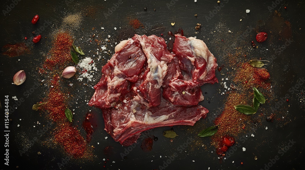 Poster raw meat on a dark surface elegantly displayed with an array of colorful spices and herbs creating a