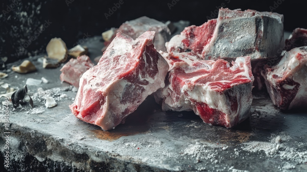 Poster fresh raw t-bone steak pieces on a rustic surface with selective focus showcasing textures and detai
