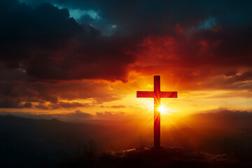 Fototapeta premium Dramatic Christian Cross at Sunset with Dark Clouds and Sunbeams Depicting Resurrection and Easter Spirituality