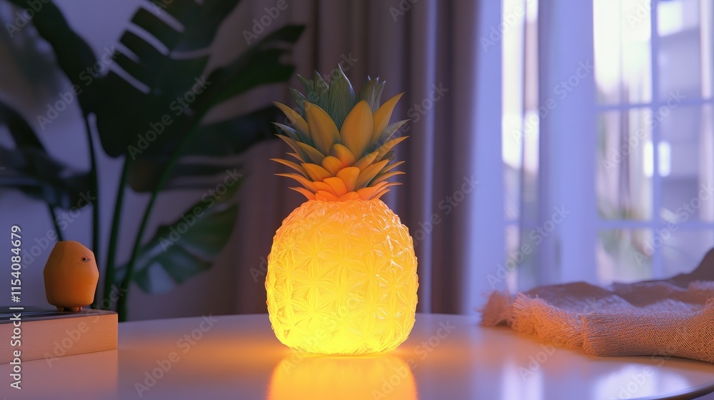 Poster pineapple lamp glowing softly on a light table with a plant in the background creating a warm and in