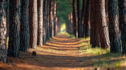Pine tree forest pathway creating a serene perspective with sunlight filtering through the trees on a tranquil nature trail