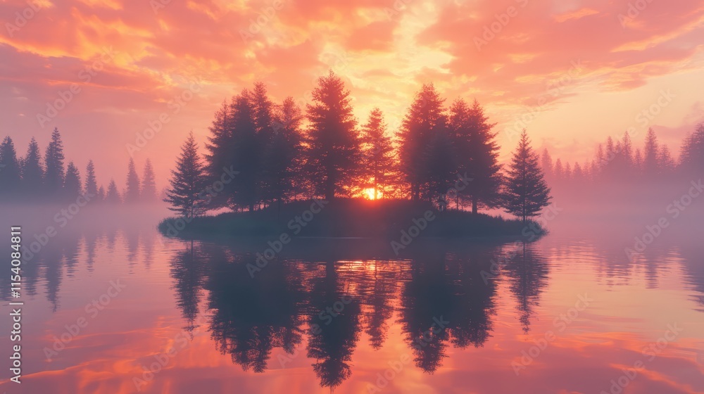 Aufkleber pine forest island at dawn reflecting on serene lake with vibrant sky and clouds creating a magical 