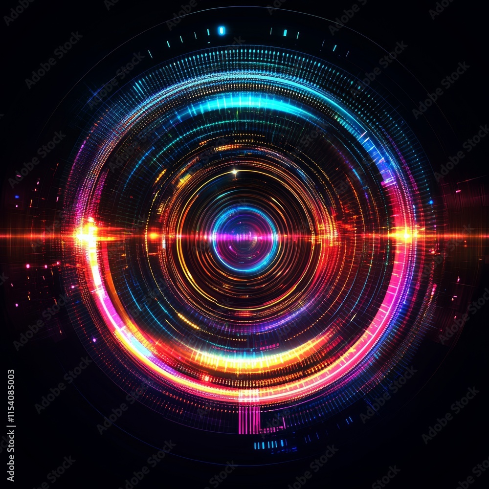 Poster electric circular pattern with vibrant colors and glowing lines in a digital abstract design