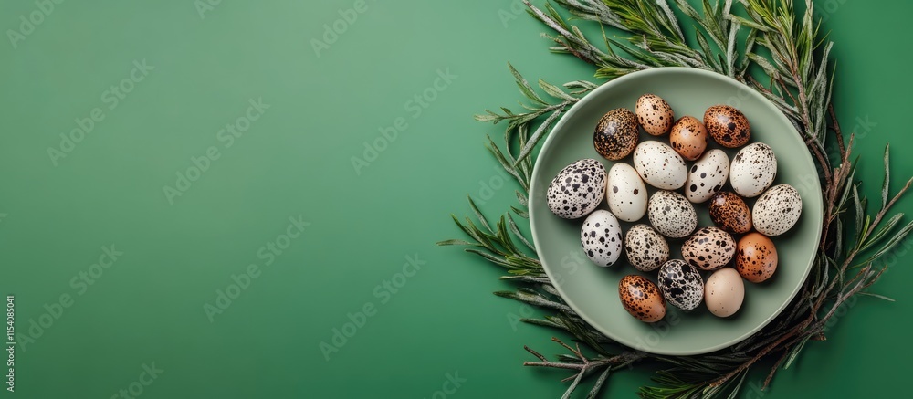Aufkleber quail eggs elegantly displayed on a plate with branches against a vibrant green background in a mini