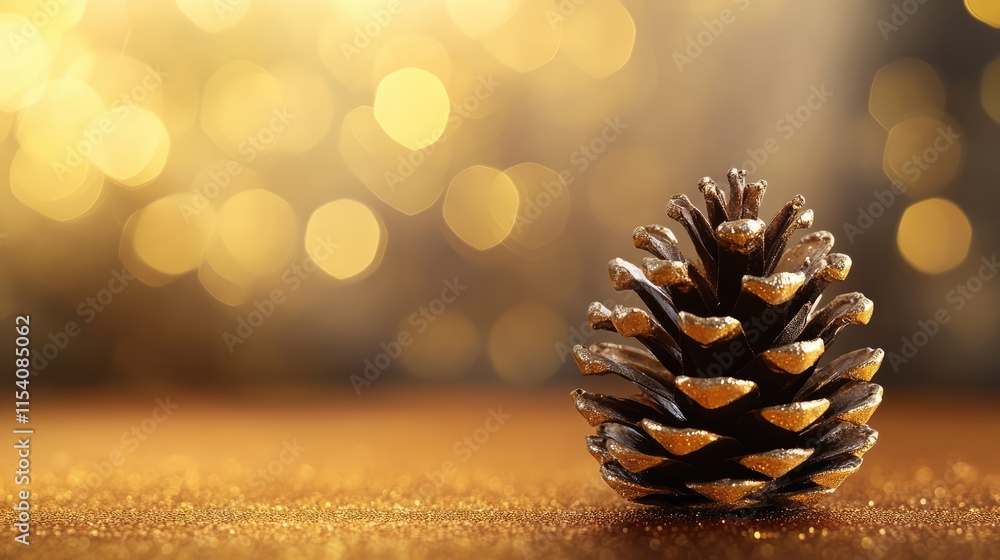 Poster pine cone on elegant shimmering gold background with bokeh lights creating a warm and festive atmosp