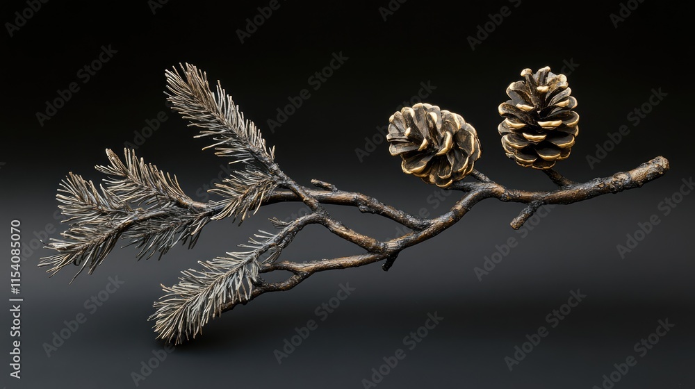 Poster pine branch with two cones on a dark background showcasing natural textures and details for botanica
