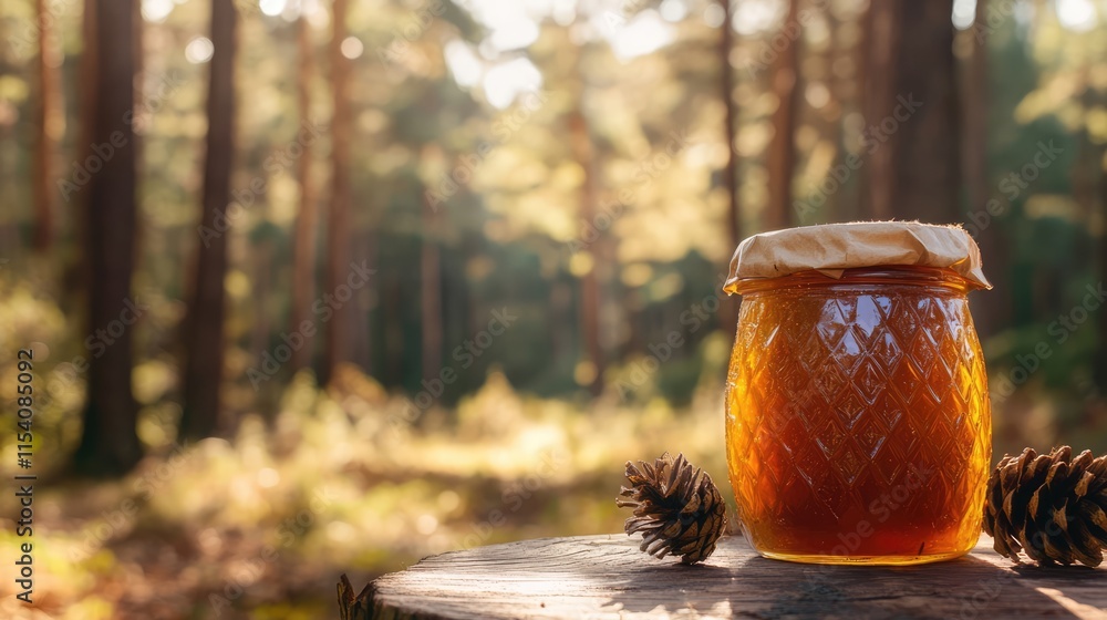 Poster pine jam in a rustic glass jar surrounded by pine cones in a serene forest setting during warm sunli
