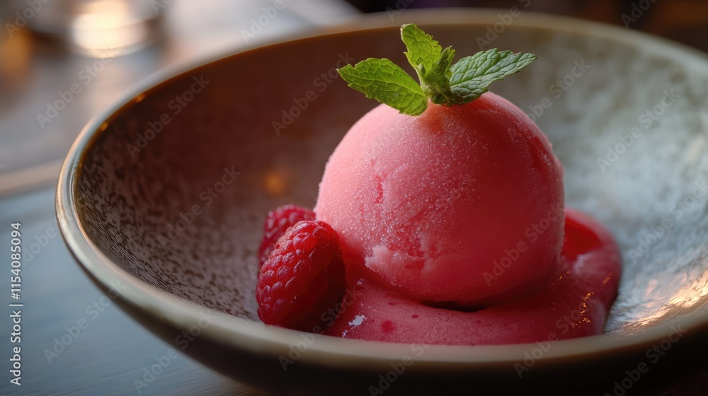 Poster raspberry sorbet served with fresh mint and raspberry sauce in a decorative bowl with selective focu
