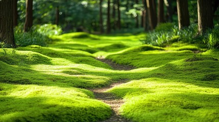 Lush moss-covered footpath winding through a serene pine tree forest with gentle grass and small trees amidst vibrant woodland scenery