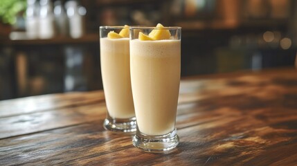 Pineapple smoothies served in tall glasses on rustic wooden table with fresh pineapple chunks as garnish