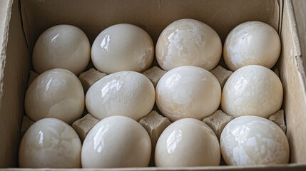 Freshly harvested raw duck eggs packaged neatly in a cardboard box ready for sale or culinary use.