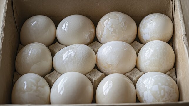 Freshly harvested raw duck eggs packaged neatly in a cardboard box ready for sale or culinary use.