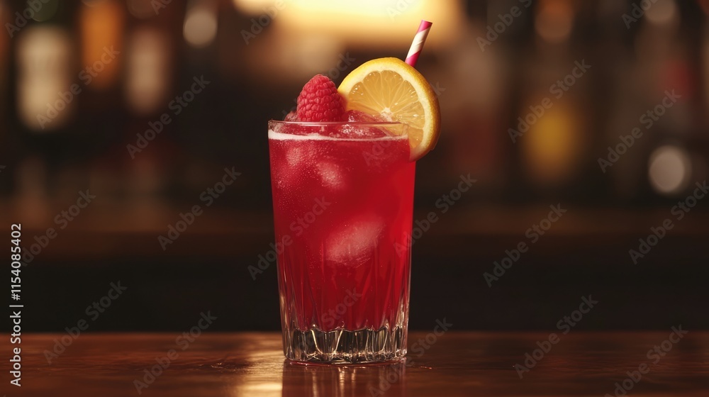 Poster refreshing raspberry lemonade cocktail with vibrant colors and garnished with lemon and raspberries 