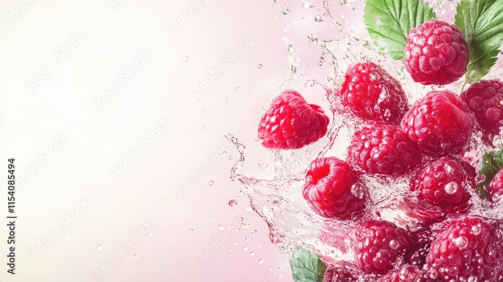 Poster raspberries splashing into clear water creating dynamic splash on pink background healthy fruit conc