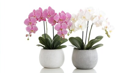 Naklejka premium Orchid plants in pink and white hues elegantly displayed in stylish pots showcasing natural beauty and indoor decor aesthetics