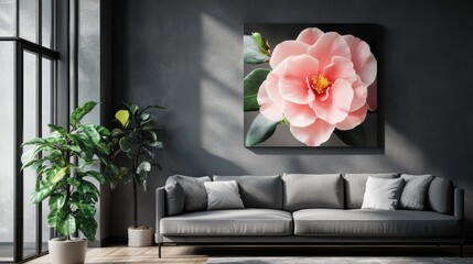 Elegant pink camellia flower on canvas art displayed in modern living room with gray walls and lush green plant accents.