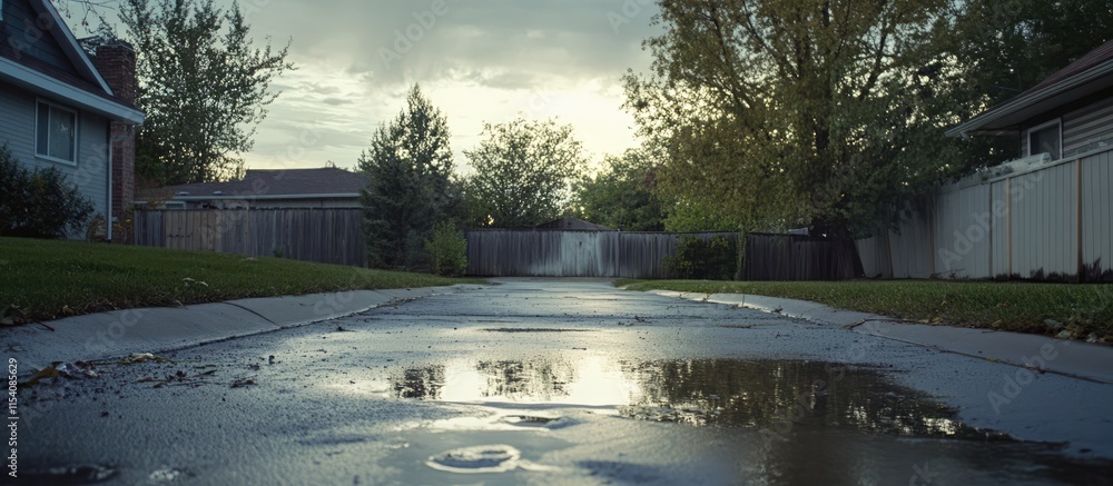 Aufkleber raindrops falling into a puddle on a driveway surrounded by trees and a fence in a tranquil resident