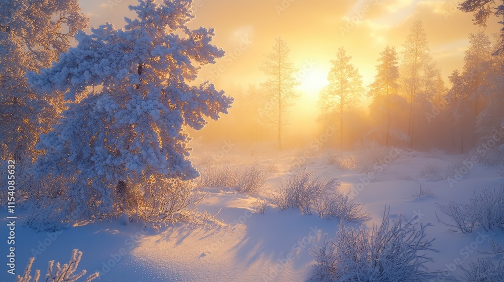 Aufkleber frosty pine branch illuminated by dawn light in a snowy winter forest creating a serene and tranquil