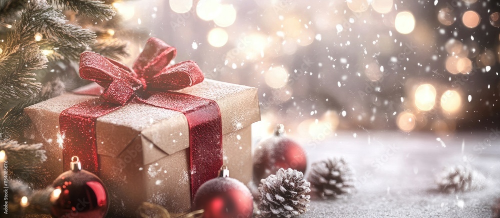 Poster christmas gift box with ribbon surrounded by festive decorations on a light background with sparklin