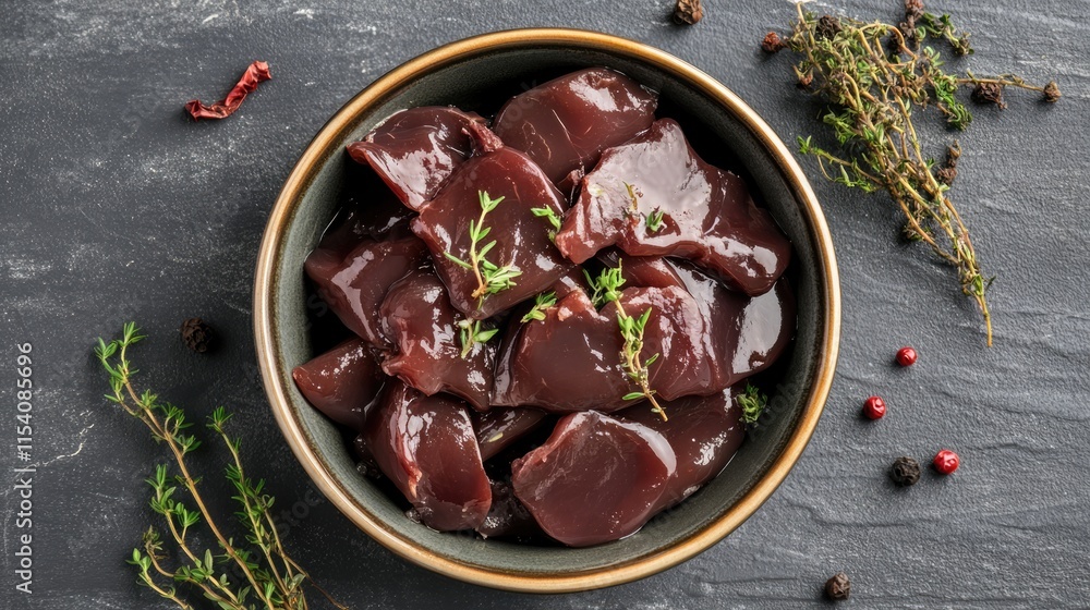 Aufkleber sliced raw duck liver in a bowl with thyme and pepper on a dark background top view rustic presentat