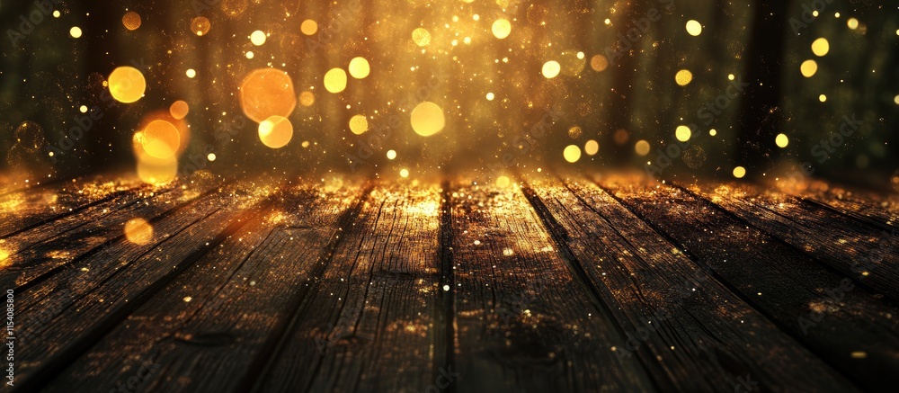 Poster wooden floor with bokeh lights creating a shimmering night backdrop suitable for festive or decorati