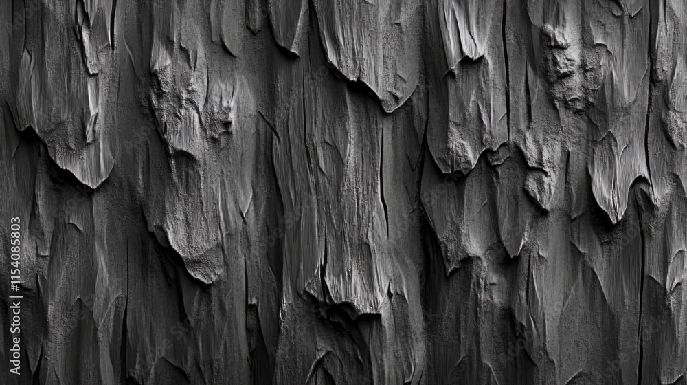 Poster black and white texture of weathered pine tree bark with deep grooves and organic patterns for natur