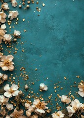Beautiful Arrangement of White Flowers and Gold Accents on a Teal Background Creates an Elegant Display for Decor or Design Purposes