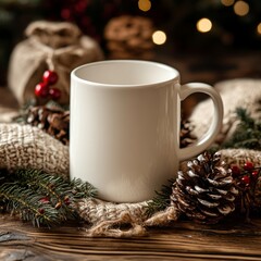 Cozy Holiday Setting With a Blank White Mug Surrounded by Pinecones and Festive Decorations on a Wooden Table