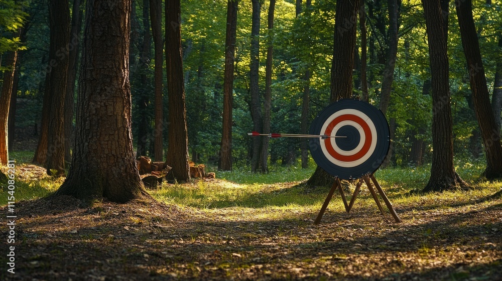 Poster an adventurous archery session in a forest clearing, bows and arrows set up for precision shooting, 