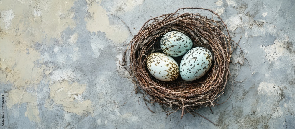 Poster quail easter eggs nestled in a rustic nest on a textured concrete background showcasing a natural an