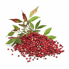Red and Black Pepper Grains with Fresh Green Leaves on White Background for Culinary and Decorative Uses