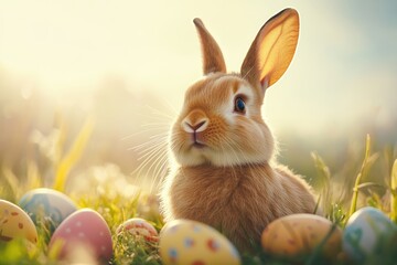 In a sunny meadow, a charming Easter bunny plays among colorful eggs, embodying the joy and excitement of Easter, capturing the spirit of fun and togetherness for families and children
