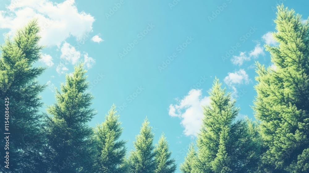 Aufkleber pine trees reaching towards a clear blue sky with fluffy clouds creating a serene natural landscape 