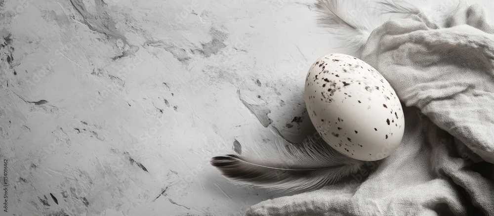 Aufkleber quail egg on gray marble background with bird feathers and a textured napkin creating a natural eleg