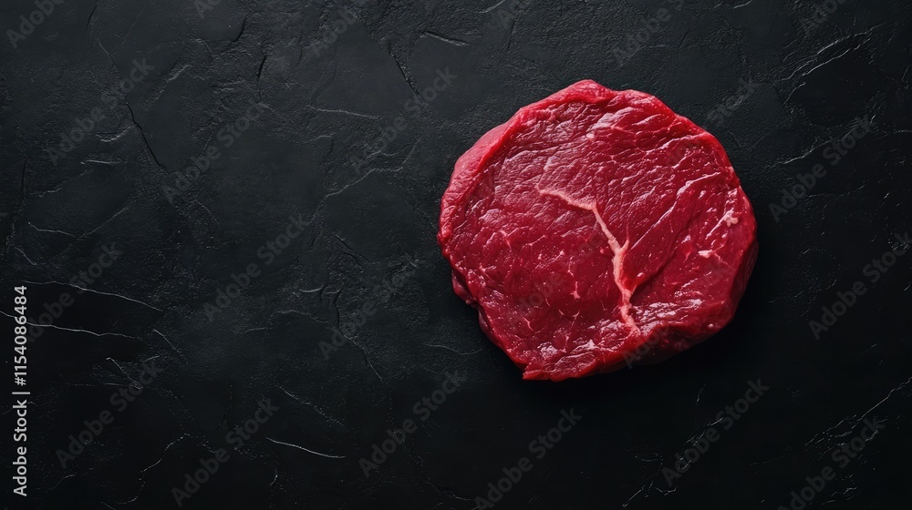 Poster raw flank steak on a black background showcasing its rich red color and marbling in a top view compo