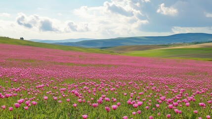 Vibrant pink buttercups blooming in a scenic field under a bright sky with rolling hills in the background