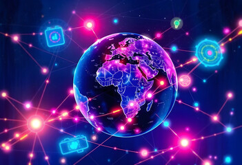 Naklejka premium Intricate neon global value chains connecting manufacturers, suppliers, and distributors across borders - conceptual illustration of international trade and supply chains