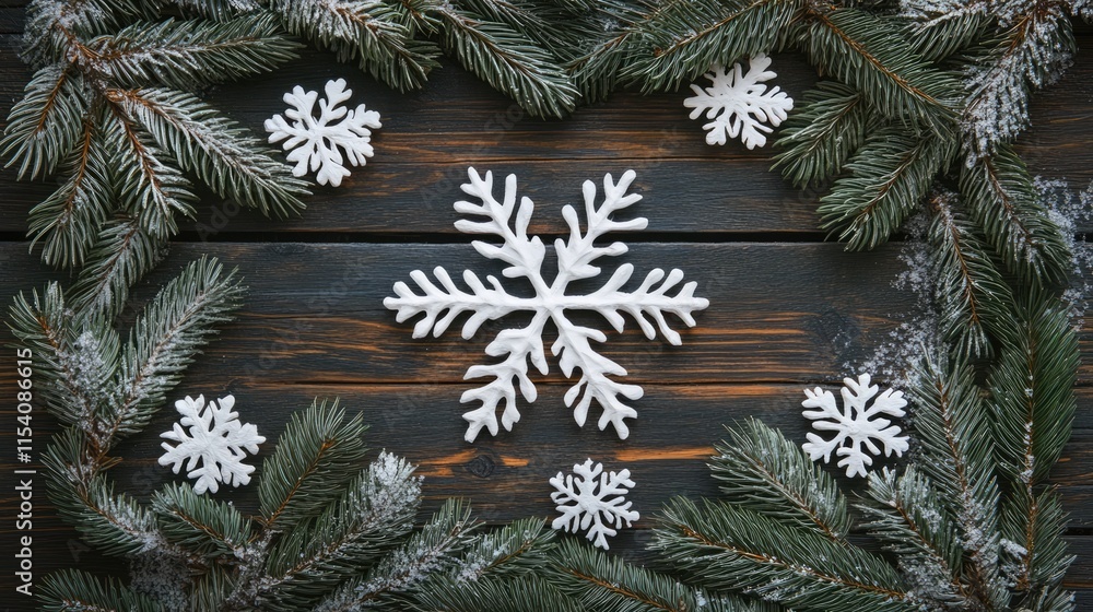 Poster pine tree branches and snowflake decorations arranged on a rustic wooden table creating a winter hol