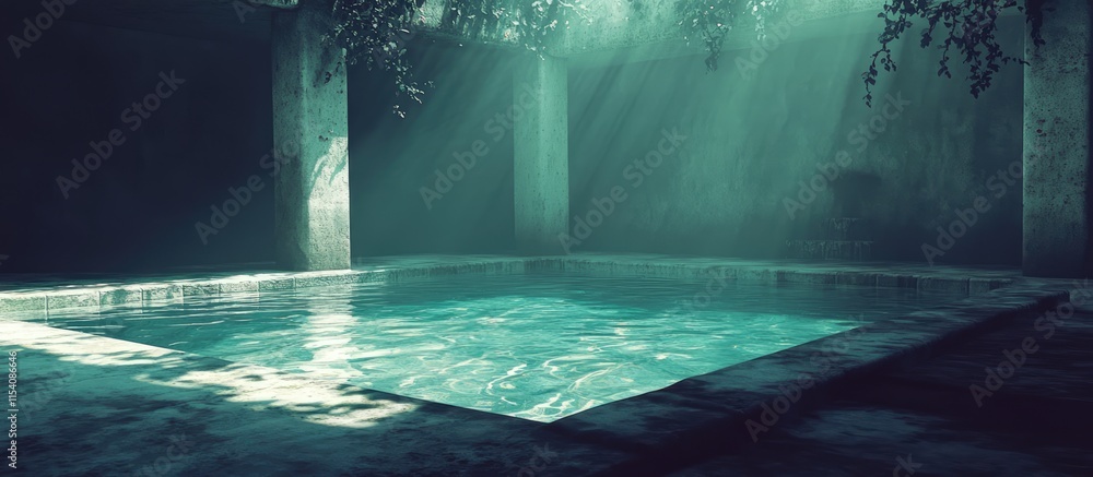 Poster serene and tranquil indoor pool with reflections and ambient lighting creating a peaceful atmosphere