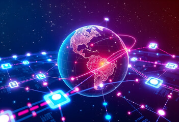 Intricate neon global value chains connecting manufacturers, suppliers, and distributors across borders - conceptual illustration of international trade and supply chains