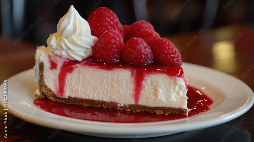 Poster delicious raspberry cheesecake slice topped with fresh berries and creamy swirl served on a plate in