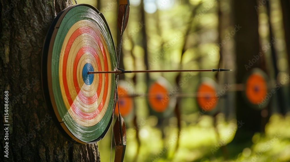 Poster an adventurous archery session in a forest clearing, bows and arrows set up for precision shooting, 