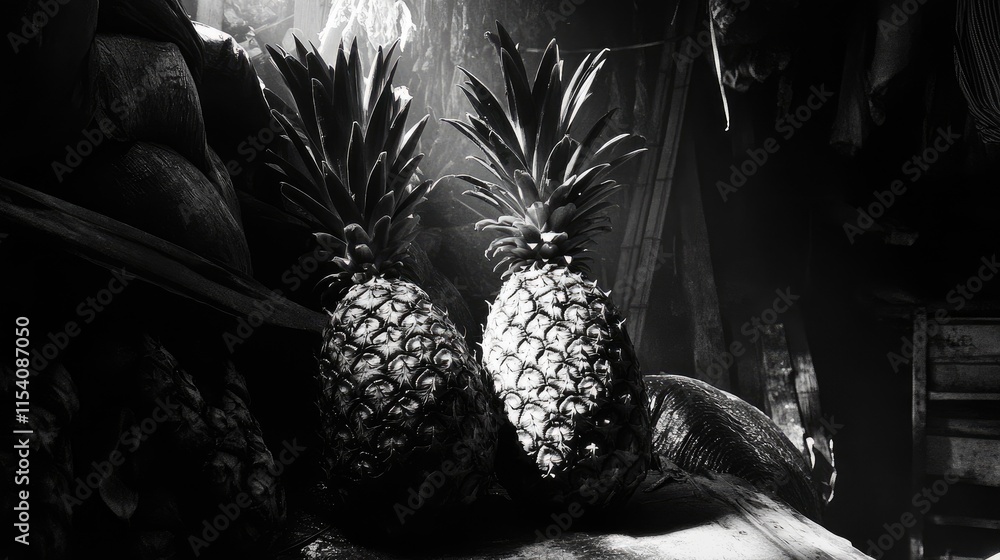 Poster pineapples displayed for sale in a market setting captured in high contrast light emphasizing textur