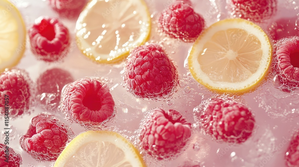 Poster refreshing raspberry lemonade with lemon slices and bubbles in a summer drink theme