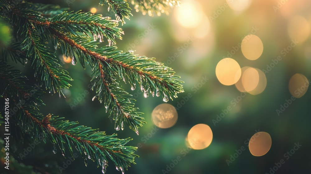 Poster close-up of pine tree branches with dew drops glistening in soft sunlight against a blurred backgrou