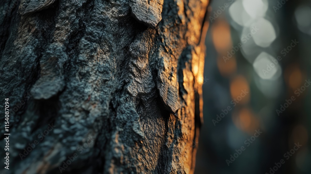 Poster pine tree trunk close-up showcasing detailed bark texture and natural lighting in a forest setting
