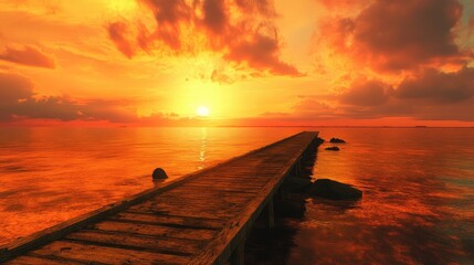Scenic sunset over tranquil beach pier with vibrant orange hues reflecting on calm waters and dramatic cloud formations.
